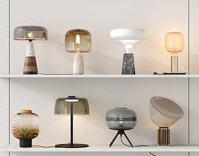 Modern Assorted Table Lamps With Glass Shades And Diverse Bases On Shelf 3d model