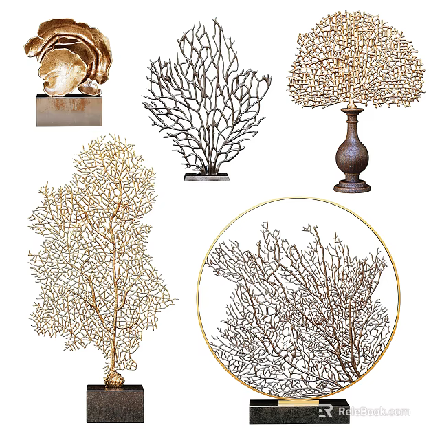 Modern Elegant Decorative Ornament Set With Coral Shape Gold Black For Home Decor 3d model 
