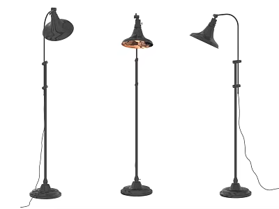 Three Modern Floor Lamps With Different Shade Designs And Black Metal Bases 3d model