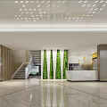 Front Desk Reception Area In Modern Lobby With Large Windows Green Plant And Hanging Lights