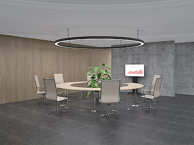 Modern Conference Room With Round Table Green Plant And Screen On Wooden Gray Walls 3d model