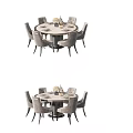 Modern Round Dining Table Set With 6 Chairs Marble Tabletop And Decorative Vase 3d model
