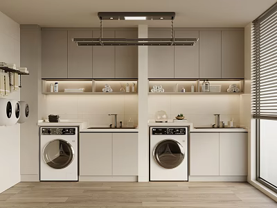 Modern Laundry Room Featuring Two Washing Machines Cabinets And Sink Storage 3d model