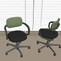 Green Backrest Black Seat Office Chairs Featuring Silver Metal Bases Armrests And Wheels