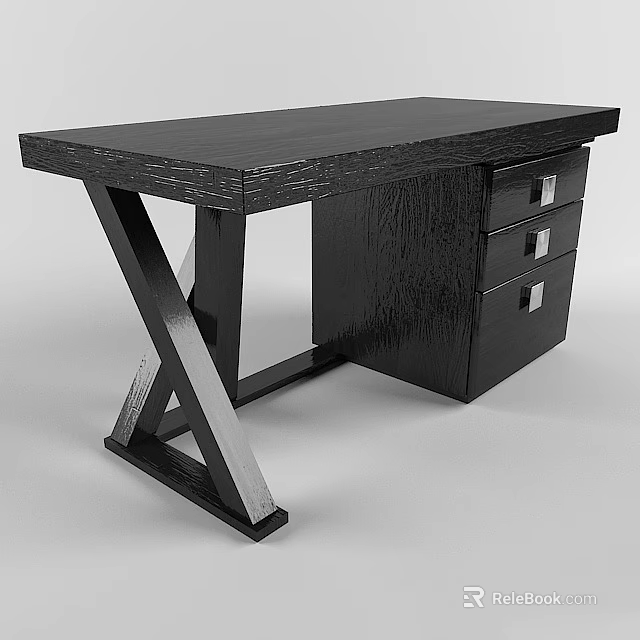 Black Wooden Dining Table With Modern Design Metal Legs And Functional Drawers 3d model 