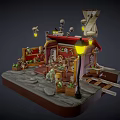 Cartoon Small Shop Scene With Stone Path Street Lamps Hanging Lanterns And Shelf Items