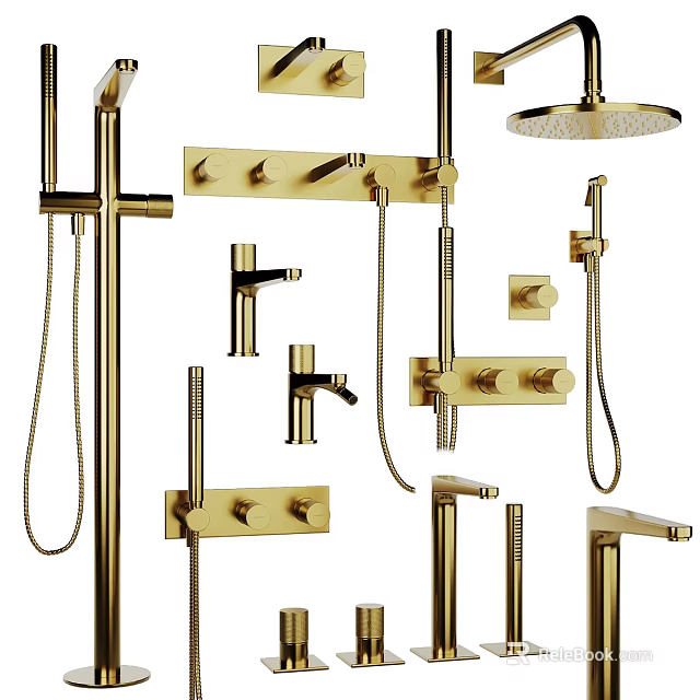 Modern Golden Bathroom Faucets Collection With Shower Heads Handheld Showers And Handles 3d model 