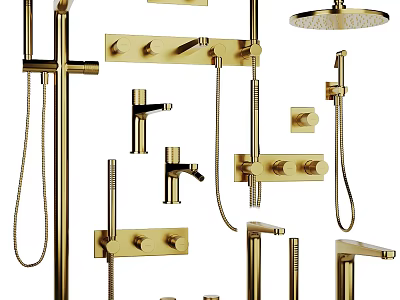 Modern Golden Bathroom Faucets Collection With Shower Heads Handheld Showers And Handles 3d model