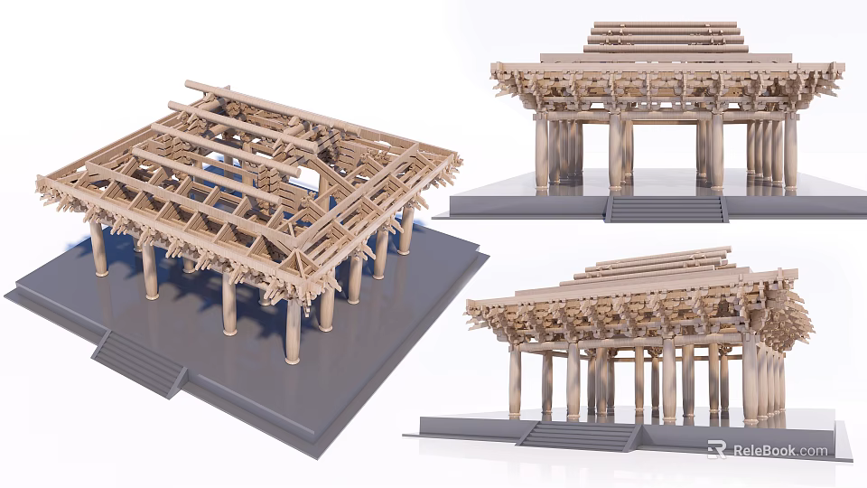 Traditional Wooden Architectural Model With Intricate Roof Beams And Columns Structure 3d model 