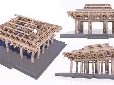 Traditional Wooden Architectural Model With Intricate Roof Beams And Columns Structure 3d model