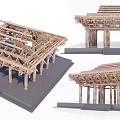 Traditional Wooden Architectural Model With Intricate Roof Beams And Columns Structure