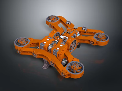 Orange Mechanical Equipment With Multiple Wheels And Mechanical Joints Structure 3d model