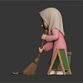 Cartoon Cleaning Scene With Headscarf Figure Broom Green Trash Bin Leaves And Fresh Sebagian Signboard