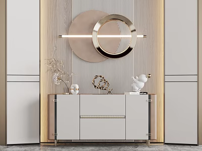 Elegant Modern Entryway Cabinet Sideboard With Circular Mirror And Decorative Ornaments In Contemporary Interior 3d model