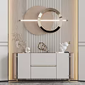 Elegant Modern Entryway Cabinet Sideboard With Circular Mirror And Decorative Ornaments In Contemporary Interior