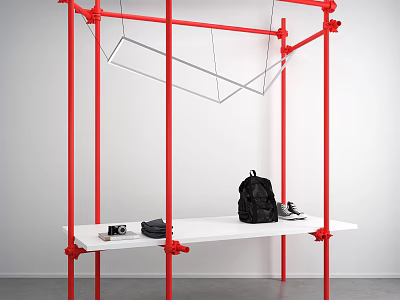Red Metal Frame Display Shelf With White Tabletop And Black Backpack Shoes Camera 3d model
