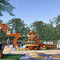 Cheerful Orange Orchard Park Landscape With Stacked Oranges Orange Slice Shaped Ground And People Enjoying