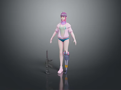 Game Movie Character With Purple Hair Pink Top Blue Shorts And Gun Equipment 3d model