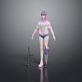 Game Movie Character With Purple Hair Pink Top Blue Shorts And Gun Equipment
