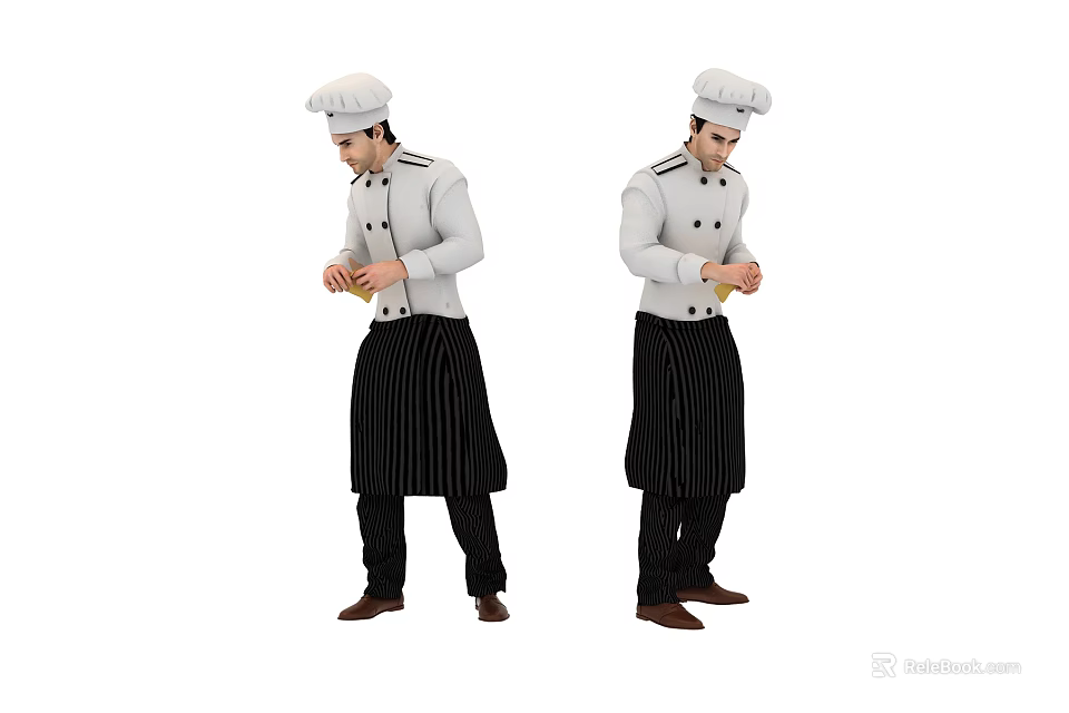 Man Chef Wearing White Coat Black Striped Apron And Chef Hat Holding Ingredient 3d model 