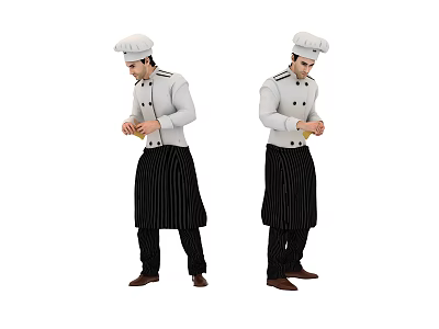 Man Chef Wearing White Coat Black Striped Apron And Chef Hat Holding Ingredient 3d model