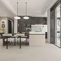 Modern Dining and Living Room Interior With Chandelier Sofa Rug and Floor to Ceiling Windows