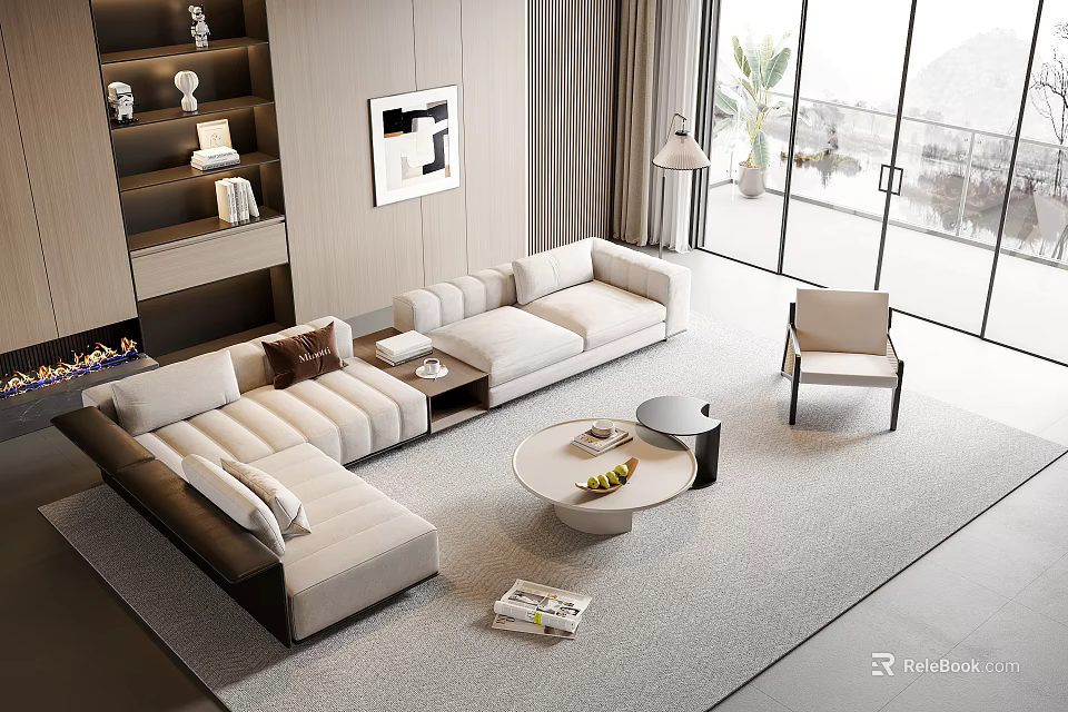 Modern Beige L shaped Sofa and Round Coffee Table Set in Bright Living Room with Pillows 3d model 