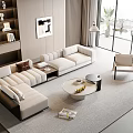 Modern Beige L shaped Sofa and Round Coffee Table Set in Bright Living Room with Pillows