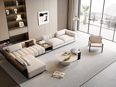Modern Beige L shaped Sofa and Round Coffee Table Set in Bright Living Room with Pillows 3d model