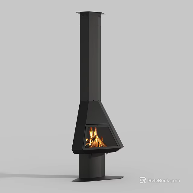 Black Modern Fireplace With Vertical Chimney And Burning Flames In Conical Firebox 3d model 