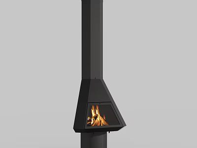 Black Modern Fireplace With Vertical Chimney And Burning Flames In Conical Firebox 3d model