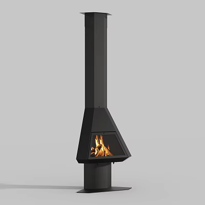 Black Modern Fireplace With Vertical Chimney And Burning Flames In Conical Firebox 3d model