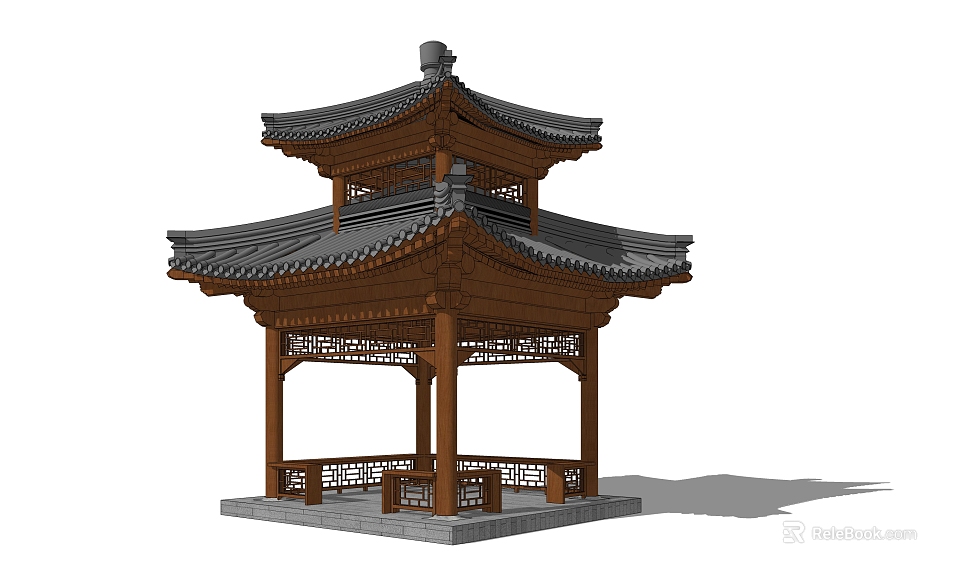 Traditional Chinese Wooden Pavilion With Two Tiered Roof Overhanging Eaves And Carved Railings 3d model 