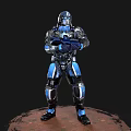 Futuristic Blue And Black Armored Character Holding Weapon Standing On Red Ground 3d model
