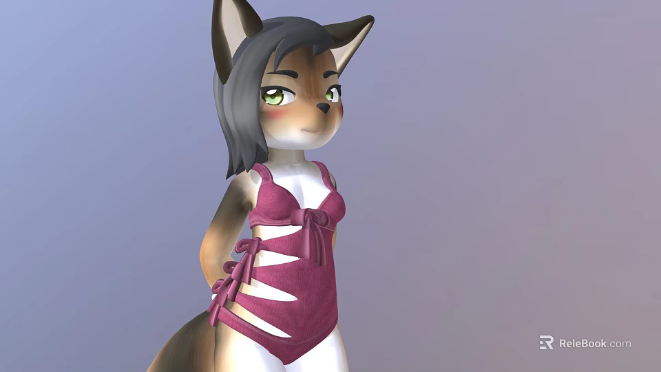 Cartoon Fox Female Character In Pink Swimsuit With Bow Detail Black Hair And Green Eyes 3d model 