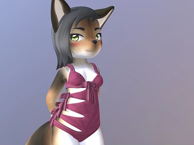 Cartoon Fox Female Character In Pink Swimsuit With Bow Detail Black Hair And Green Eyes 3d model