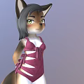 Cartoon Fox Female Character In Pink Swimsuit With Bow Detail Black Hair And Green Eyes