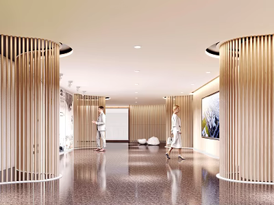 Modern Lobby Interior With Wooden Slatted Columns Polished Floor And People Walking 3d model