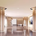 Modern Lobby Interior With Wooden Slatted Columns Polished Floor And People Walking