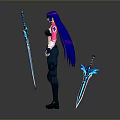 Anime Style Female Character With Purple Long Hair And Blue Sword In Combat Outfit