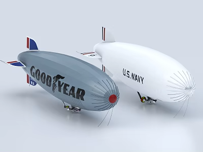 Two Goodyear And U.S. Navy Airships With Distinct Colors And Brand Logos 3d model