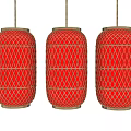 Three Red Lantern Shaped Pendant Lights With Golden Grid Hanging Design 3d model