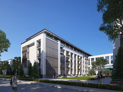 Modern School Building Facade With Glass Windows Greenery And Campus Trees 3d model