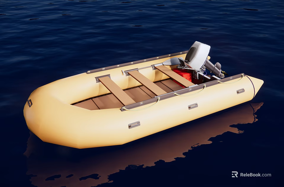 Yellow Inflatable Yacht On Water With Seats And Motor 3d model 