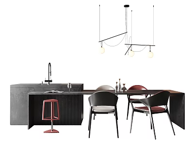 Modern Dining Table Set With Chairs Pendant Lights And Kitchen Island 3d model