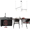 Modern Dining Table Set With Chairs Pendant Lights And Kitchen Island 3d model