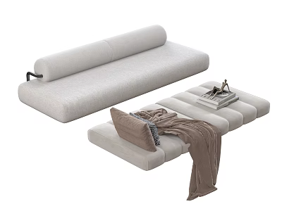 Modern Fabric Sofa and Ottoman with Cushion Throw Blanket and Books 3d model