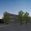 Modern Office Building Complex with Glass Facade and Trees Near Urban Street