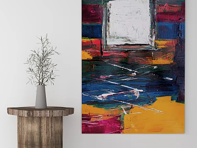 Vibrant Abstract Painting With Colorful Blocks And Dynamic Brushstrokes In Interior Space 3d model