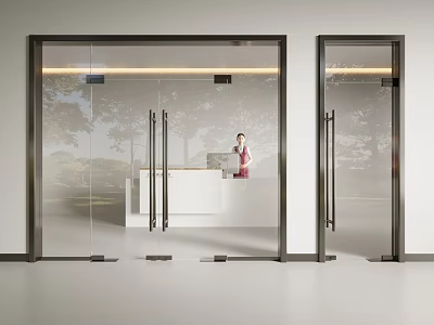 Glass Double Doors In Modern Office Reception With Tree View And Front Desk 3d model